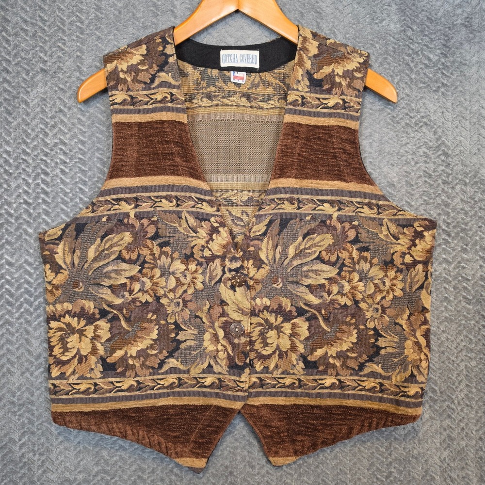 Vintage Gotcha Covered Floral Tapestry Vest Brown Tan Boho Made in USA Large